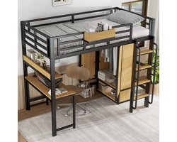 STILVORA Hoogslaper 90x200 cm – Kast En Bureau – Trap Met Leuningen – Metaal En MDF – Zwart/Naturel – Zonder Matras