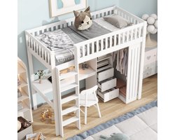 STILVORA Hoogslaper 90x200 Cm - Kinderhoogslaper Met Bureau, Kast En Laden - Comfortabel En Veilig - Grenenhout - Wit
