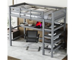 STILVORA Hoogslaper 90x200 cm – Kinderhoogslaper Met Bureau & Opbergvakken – Met Stevige Leuning – Grenen; MDF – Grijs – Zonder Matras