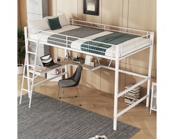 STILVORA Hoogslaper 90x200 cm – Met L-Vormig Bureau & Plank – Stevig Stalen Frame Met Veilige Leuning – Studenten/Jeugd – Metaal+MDF – Zonder matras – Wit