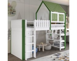 STILVORA Hoogslaper 90x200cm – Met Dak en Ramen – Ruime Opbergruimte met Kast en Open Planken – Hout;MDF – Wit+Groen – Zonder matras