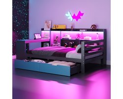 STILVORA Houten Bed 90x200 cm – Multifunctioneel Bed Met Bureau – Ledverlichting Met Usb En Stopcontact – Lades En Planken – Zonder matras – Zwart Blauw