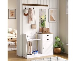 STILVORA Kapstok - Spiegelgarderobe Met Spiegel, Haken, Parapluhouder En 2 Laden Voor Schoenen - Spaanplaat - 110,5x38x191 cm - Wit+Bruin