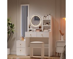 STILVORA Kaptafel - Luxe Make-up Tafel Met Ganzkörperspiegel - 4-in-1 Met LED Verlichting En Hocker - 109x36x164 cm - Spaanplaat - Wit