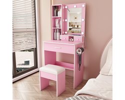 STILVORA Kaptafel - Spiegel Met Dimbare Ledverlichting En Stopcontact - Met Lades, Rek En Hocker Voor Slaapkamer - MDF - 60x38x131,5 Cm - Roze