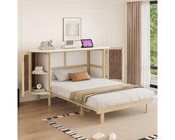 STILVORA Kastbed 140x200 cm – Verticaal Kastbed Met Lattenbodem – Ruimtebesparend Met Rotan Deuren En Opbergruimte – Hout – Houtkleur – Zonder matras