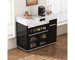 STILVORA Keukeneiland 50,5-187,5 cm – Uittrekbare Eettafel Met Stopcontacten – Met Lade, Glazen Deuren & Wielen – Modern MDF – Zonder Matras – Zwart