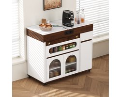 STILVORA Keukeneiland 50,5-187,5cm – Uitschuifbare Eettafel Met Stopcontacten – Met Lade En Glazen Deuren – Voor Keuken/Eetkamer – MDF – Zonder Matras – Wit Noten