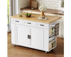 STILVORA Keukeneiland - Met Uitklapbaar Werkblad En Stopcontacten - Verrijdbaar Met Lades En Kast - MDF - 120x45x84 Cm - Wit;Naturel