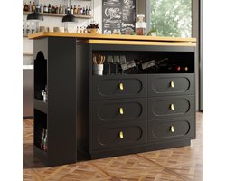 STILVORA Keukeneiland - Uitschuifbare Keukenbar Met 360° Rotatie - Met Lades En Opbergruimte - Mobiel Keukeneiland Voor Keuken En Woonkamer - MDF - 138-204 cm - Zwart