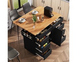 STILVORA Keukeneiland - Uittrekbare Keukenwagen Met Klapblad En 8 Lades - Mobiel Met Rollen En Remmen Voor Keuken - MDF - 122x46x91.5 cm - Zwart