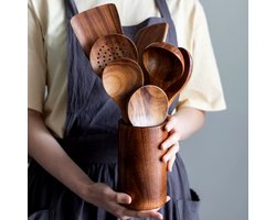 STILVORA Keukengerei-Sets - 7-Delige Keukenaccessoires Set Met Houten Spatels En Kooklepels - Hittebestendig Teakhout - Houtkleur