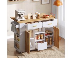 STILVORA Keukeninsel - Opklapbaar Werkblad En Veel Opbergruimte - Verrijdbare Keukenwagen Voor Keuken En Eetruimte - MDF - Wit - 120 x 45(71) x 90 Cm