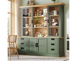 STILVORA Keukenkast - Hoge Buffetkast Met Glasvitrine En 6 Laden - Voor Keuken En Eetkamer - MDF En Metaal - 140x40x185 Cm - Groen
