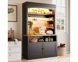 STILVORA Keukenkast - Hoge Kast Met Ledverlichting En Open Rek - Met Haken En 2 Deuren Voor Keuken Of Woonkamer - MDF Metaal - Zwart - 107x43x184 Cm