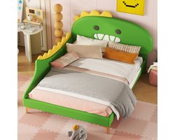 STILVORA Kinderbed 140x200 cm – Cartoon Dinosaurus Hoofdbord Met Zacht PU – 12 Lattenroosters, 220 kg Draagvermogen – PU;MDF – Groen – Zonder matras