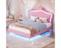 STILVORA Kinderbed 140x200 cm – Met Ledverlichting En Verstelbaar Hoofdbord – Inclusief Lattenbodem – Zonder matras – Kunstleer – Roze