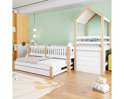 STILVORA Kinderbed 90 x 200 cm Zonder matras – Hoogslaper Met Uittrekbed 90 x 190 cm – Opbergruimte Met Vier Lades En Trap – Hout En Stof – Wit En Natuurhout
