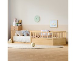 STILVORA Kinderbed 90x200 cm – Vloerbed met Valbeveiliging – Open Instap – Met Lattenbodem – Zonder Matras – Massief Grenen – Naturel