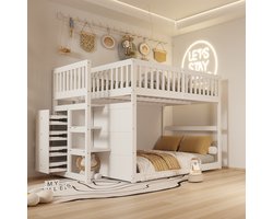 STILVORA Laag Stapelbed 140x200 cm – Met Hoog Bedhek – Trap Met 4 Lades – Geschikt Voor Jonge Kinderen – Zonder matras – Hout – Wit