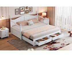 STILVORA Logeerbed 90/180x190 cm - Praktisch Uitklapbaar Bed Met Opberglades - Grenenhout - Wit