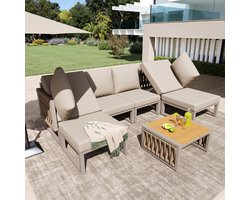 STILVORA Loungeset 6 Personen 63 x 55,5 x 34,5 Cm - 5 Standen Verstelbare Rugleuning - Weerbestendige Tafel - Metaal Polyester Beige
