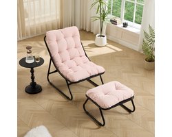 STILVORA Loungestoel 65 x 78 x 86 cm - Met Hocker & Dik Kussen - Voor Woonkamer, Slaapkamer En Buiten - Staal Roze