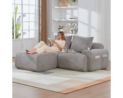 STILVORA Modulaire Hoekbank 200 X 174 X 80 Cm - 2 Zits Met Hocker, Bekerhouder En Zijvak - Voor Woonkamer En Lounge - Ribstof Lichtgrijs