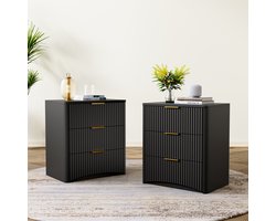 STILVORA Nachtkastje 58x38x64 cm – Drie Lades Met Zachte, Stille Geleiders – Geribbeld Design Met Gouden Grepen – Veilig Afgerond – MDF – Zonder Matras – Zwart