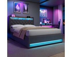 STILVORA Opbergbed 140x200 cm - Groot Opbergvak - USB-Aansluiting - LED-Licht - Veilig Design - Grijs - Samt + Metaal + Hout