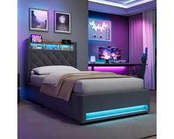 STILVORA Opbergbed 90x200 cm - Verstopte Lade - USB Aansluiting - LED Licht - Veilig Ontwerp - Grijs - Samt + Metaal + Hout