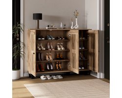 STILVORA Opbergkast - 3 Deuren Met Lattenlook - 8 Vakken Voor Woonkamer Slaapkamer Hal - Spaanplaat - Naturel Hout - 120x32x92 Cm