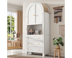 STILVORA Opbergkast – Hoog Boogkast Met Linnen Top – 3 Lades En Gebogen Deuren Met Demper – Open Vak Voor Woonkamer En Keuken – MDF – 70x35x180 cm – Wit