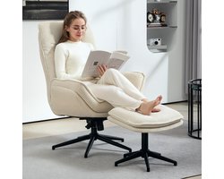 STILVORA Relaxfauteuil 85 x 74 x 104 cm - 360 Graden Draaibaar Met Verstelbare Rugleuning En Hocker - Voor Woonkamer En Slaapkamer - Stof Beige