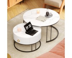 STILVORA Rond Salontafel 2 Delige Set – Met Lade–Stapelbaar & Ruimtebesparend – Schiefer Look Bovenblad– 70×70×45.5 cm & 50×50×36 cm – Wit/Zwart – Luxe Moderne Woonkamer Tafels