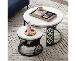 STILVORA Rond Salontafel Set Van 2 - MDF Marmerlook Blad - Zwart Metaal Frame - Modern Design - 70×70×45 & 45×45×37 Cm - Wit En Zwart