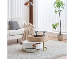 STILVORA Salontafel - 2 Delige Rond Set Met Opberglades - Klapbare Grote Tafel - Compacte Kleine Tafel - Modern Design Voor Woonkamer - 70x70/56,5+60x60 cm - MDF - Wit + Houtkleur