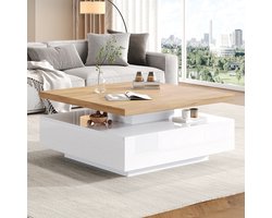 STILVORA Salontafel - 360° Draaibare Vierkante Salontafel Met Lade - Open Opbergruimte Voor Woonkamer En Lounge - Spaanplaat - 70x70x36 cm - Wit+Notenbruin