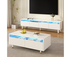 STILVORA Salontafel En TV-Meubel Set - TV-Kast 178x35x45 Cm En Salontafel 110x50x40 Cm - LED Verlichting En Acrylfronten - MDF - Wit+Goud