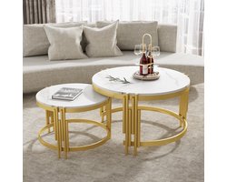 STILVORA Salontafel - Nestbaar Rond Set Met Marmerlook Blad En Golvende Poot - Goud Metaal - MDF/Metaal - 71,5x71,5x44 cm - Wit+Messing