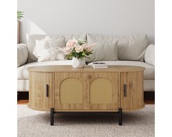 STILVORA Salontafel - Ovaal Met Rotan Deuren En Opbergruimte - Voor Woonkamer - MDF Metaal - 100x50x40 Cm - Naturel