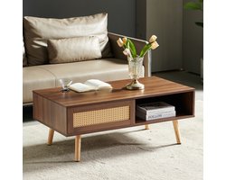 STILVORA Salontafel - Rotan Vlechtwerk Met Schuifdeur En Opbergruimte - Voor Woonkamer En Slaapkamer - MDF - Bruin - 105x55x40 Cm