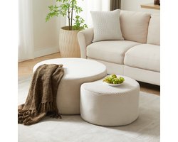 STILVORA Salontafel Set Rond - Set Van 2 - Poef En Bijzettafel Zonder Montage - Voor Woonkamer En Slaapkamer - Stof Beige