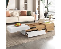 STILVORA Salontafel - Uitschuifbaar Met Schuifsysteem En Lade - Ruime Opbergruimte Met Meerdere Vakken Voor Woonkamer - MDF - 120x50x37,5 cm - Wit+Lichtbruin