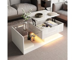 STILVORA Salontafels - Koffietafel Met Verstelbare Top En Verborgen Opbergruimte - LED Licht - 100x50x33/47,5 cm - Spaanplaat - Wit