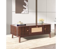 STILVORA Salontafels Koffietafel - Rattan Koffietafel Met Opbergruimte - Massief Hout Poten - Rechthoek Bijzettafel - 110x55x38,5 cm - Massief Hout + Spaanplaat - Bruin