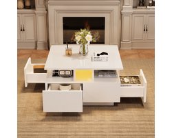 STILVORA Salontafels Koffietafel - Salontafel Met LED Licht En 4 Laden - 3-Lagen Hoogglans Geometrisch Design - Table Basse Voor Woonkamer - 70x70x40 cm - Spaanplaat - Wit