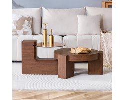 STILVORA Salontafelset - Deelbaar Rond Met Dubbele Etage En Opbergruimte - Flexibel Voor Woonkamer En Balkon - MDF En Bruin Glas - 61 Cm