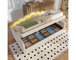 STILVORA Slaapbank 90x200 - Logeerbed met LED-Strook en Hydraulisch Bed, Comfortabel Eenpersoonsbed - Fluweel - Beige