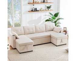 STILVORA Slaapbank - U-vormig Sofa - Multifunctioneel Met Opbergruimte - Geschikt Voor Woonkamer - 4-Zits - Katoen-Linnen - Beige